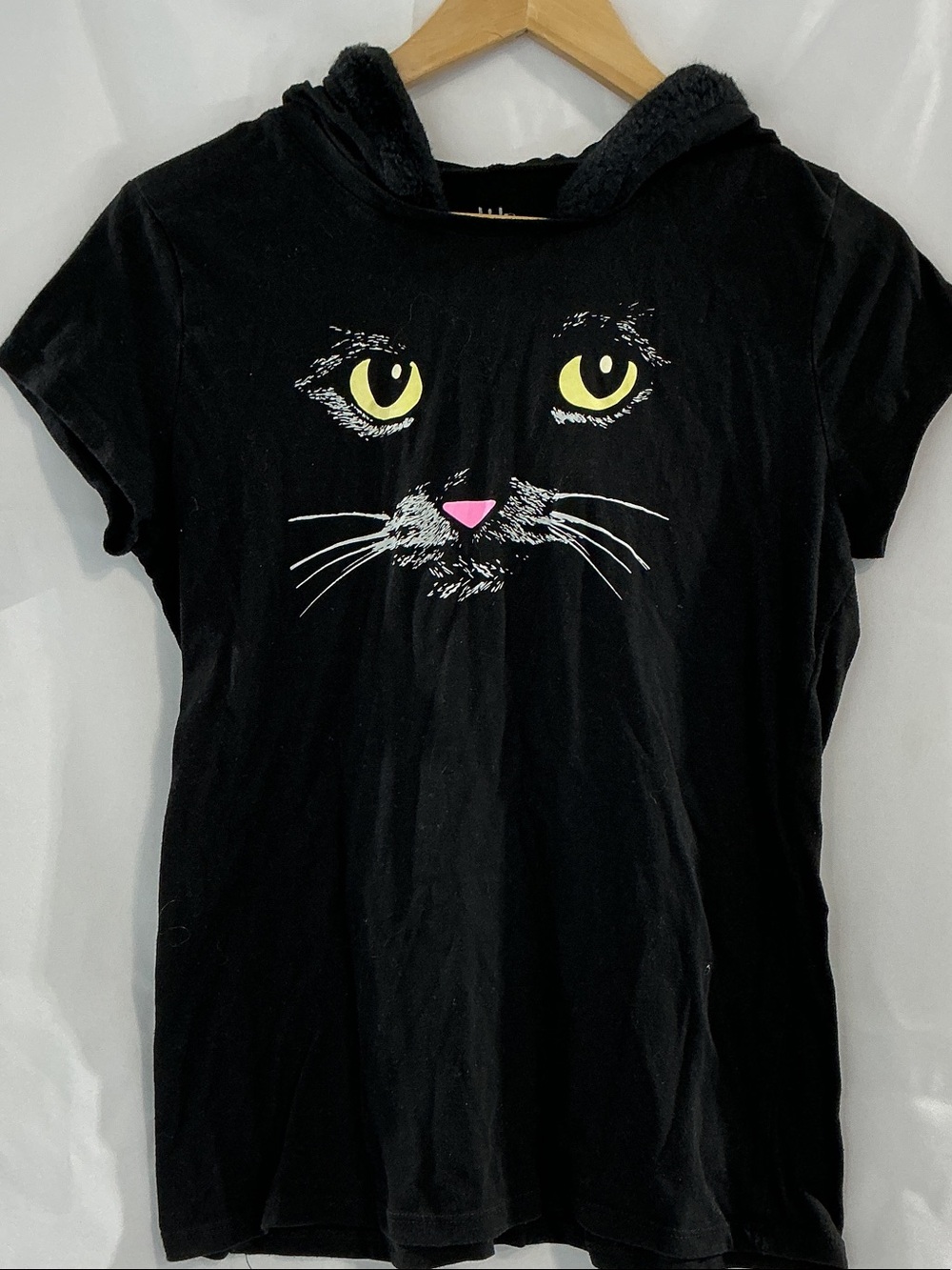 Wound Up Black Hooded Tee with Yellow Cat Eyes and Pink Nose